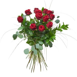 12 rote Rosen mit Grün