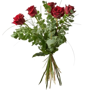 5 rote Rosen mit Grün